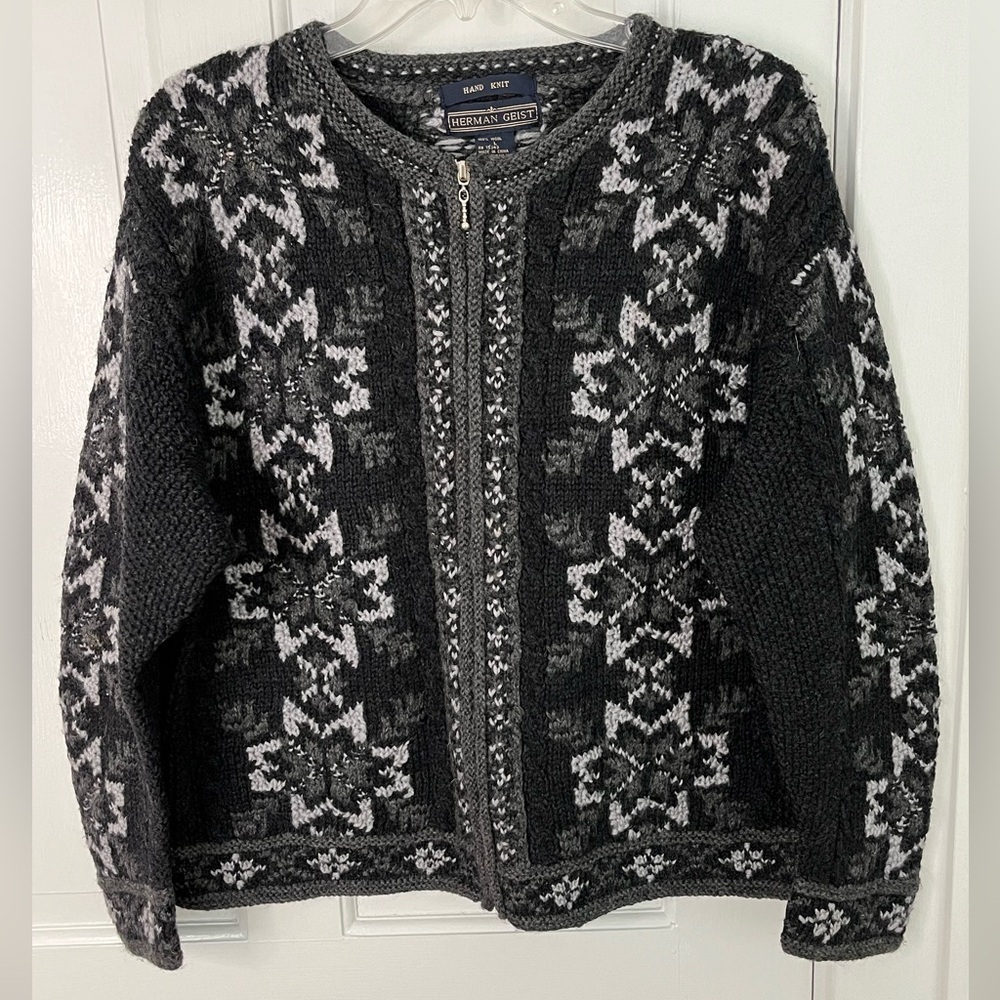 Herman Geist Hand Knit 100% Wool Zippered Cabincore Sweater Cardigan Size Large
